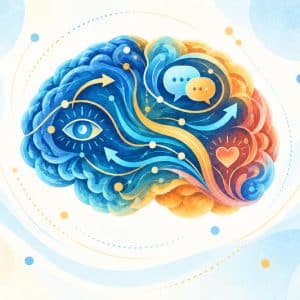Illustration de la programmation neurolinguistique (PNL) : un cerveau coloré symbolisant les liens entre pensées, émotions et communication